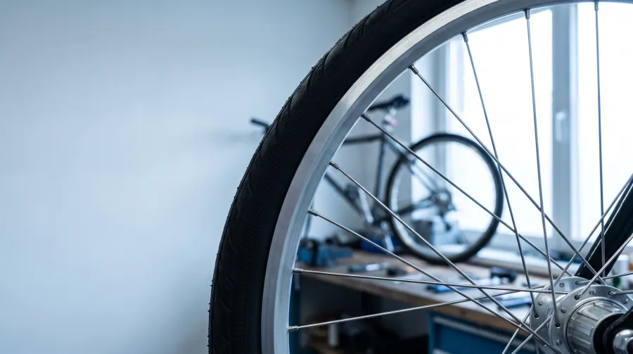 Dettaglio di una ruota da bici in officina